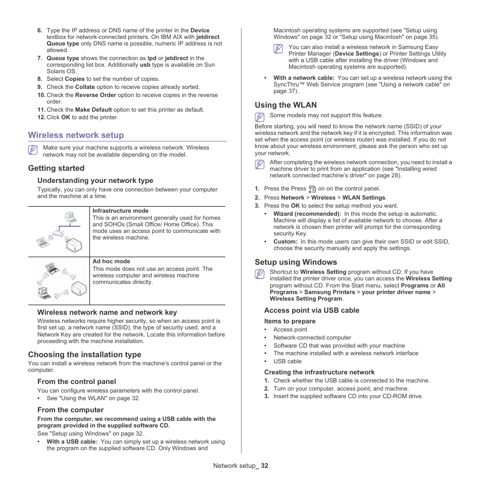 Wireless network setup, E "wireless, Getting started | Choosing the installation type, Using the wlan, Setup using windows | Samsung CLP-775 SERIES User Manual | Page 32 / 101