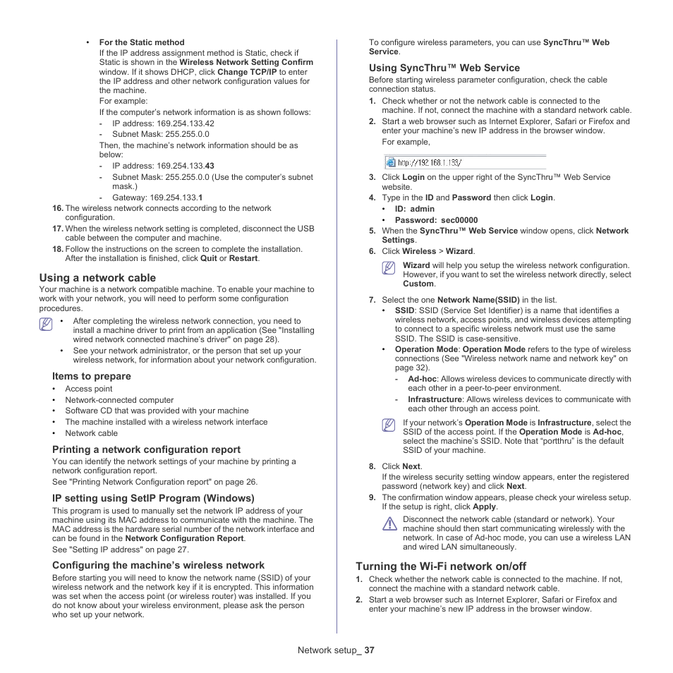 Using a network cable" on, Using a network cable, Turning the wi-fi network on/off | Samsung CLP-775 SERIES User Manual | Page 37 / 101