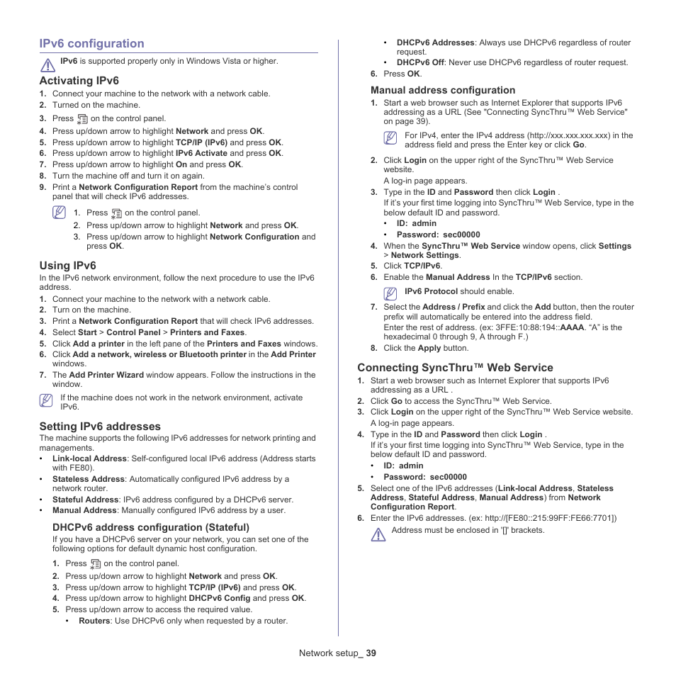 Ipv6 configuration, Activating ipv6, Using ipv6 | Setting ipv6 addresses, Connecting syncthru™ web service | Samsung CLP-775 SERIES User Manual | Page 39 / 101