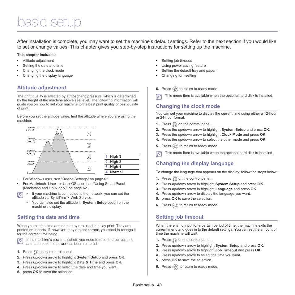Basic setup, Altitude adjustment, Setting the date and time | Changing the clock mode, Changing the display language, Setting job timeout, Altitude adjustment" on | Samsung CLP-775 SERIES User Manual | Page 40 / 101