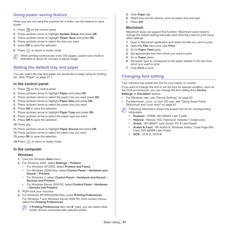 Using power saving feature, Setting the default tray and paper, Changing font setting | Samsung CLP-775 SERIES User Manual | Page 41 / 101