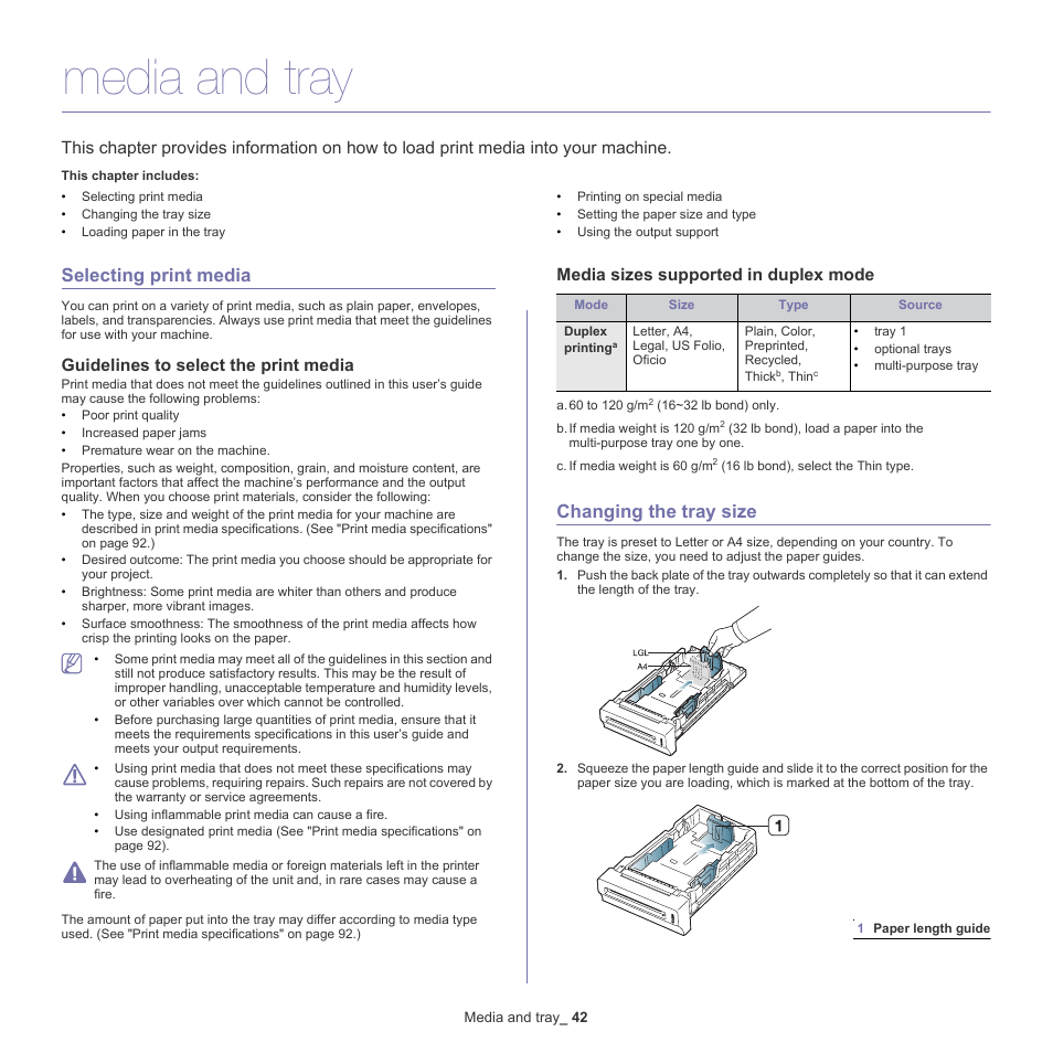 Media and tray, Selecting print media, Changing the tray size | Guidelines to select the print media, Media sizes supported in duplex mode | Samsung CLP-775 SERIES User Manual | Page 42 / 101