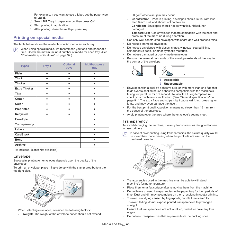 Printing on special media, Printing on special media" on, Envelope | Transparency | Samsung CLP-775 SERIES User Manual | Page 45 / 101