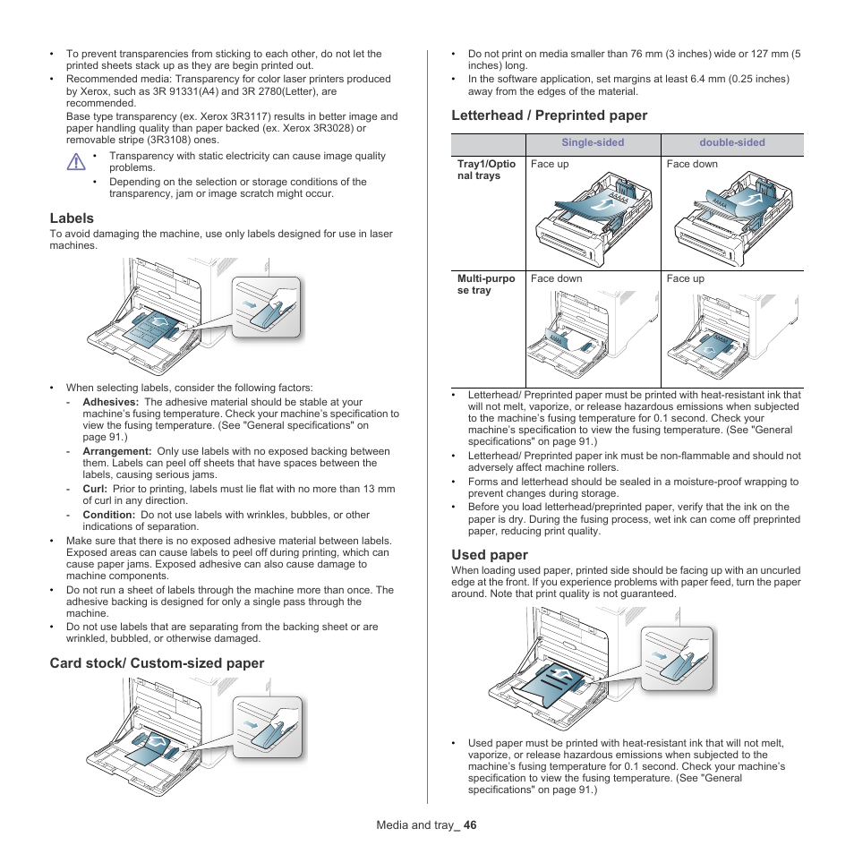 Labels, Card stock/ custom-sized paper, Letterhead / preprinted paper | Used paper | Samsung CLP-775 SERIES User Manual | Page 46 / 101