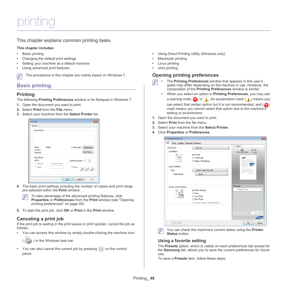 Printing, Basic printing, Opening printing | This chapter explains common printing tasks, Canceling a print job, Opening printing preferences | Samsung CLP-775 SERIES User Manual | Page 48 / 101