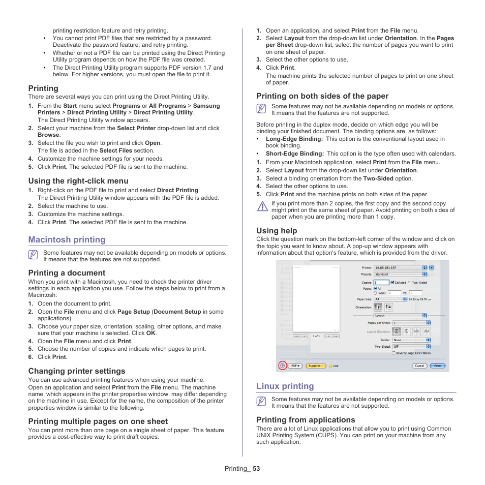 Macintosh printing, Linux printing, Printing | Using the right-click menu, Printing a document, Changing printer settings, Printing multiple pages on one sheet, Printing on both sides of the paper, Using help, Printing from applications | Samsung CLP-775 SERIES User Manual | Page 53 / 101