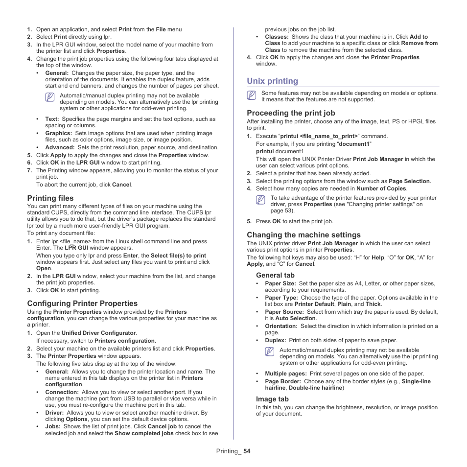 Unix printing, Printing files, Configuring printer properties | Proceeding the print job, Changing the machine settings | Samsung CLP-775 SERIES User Manual | Page 54 / 101