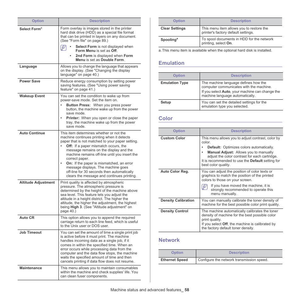 Emulation, Color, Network | Emulation color network | Samsung CLP-775 SERIES User Manual | Page 58 / 101
