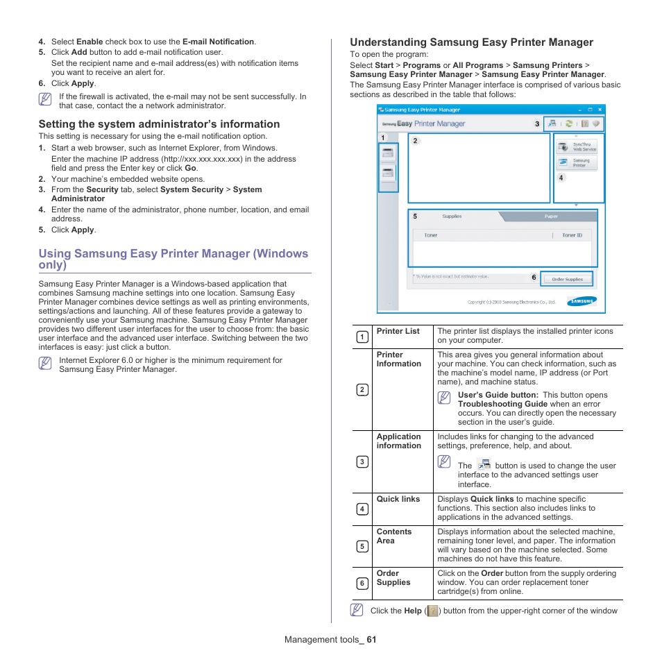 Using samsung easy printer manager (windows only), Setting the system administrator’s information, Understanding samsung easy printer manager | Samsung CLP-775 SERIES User Manual | Page 61 / 101