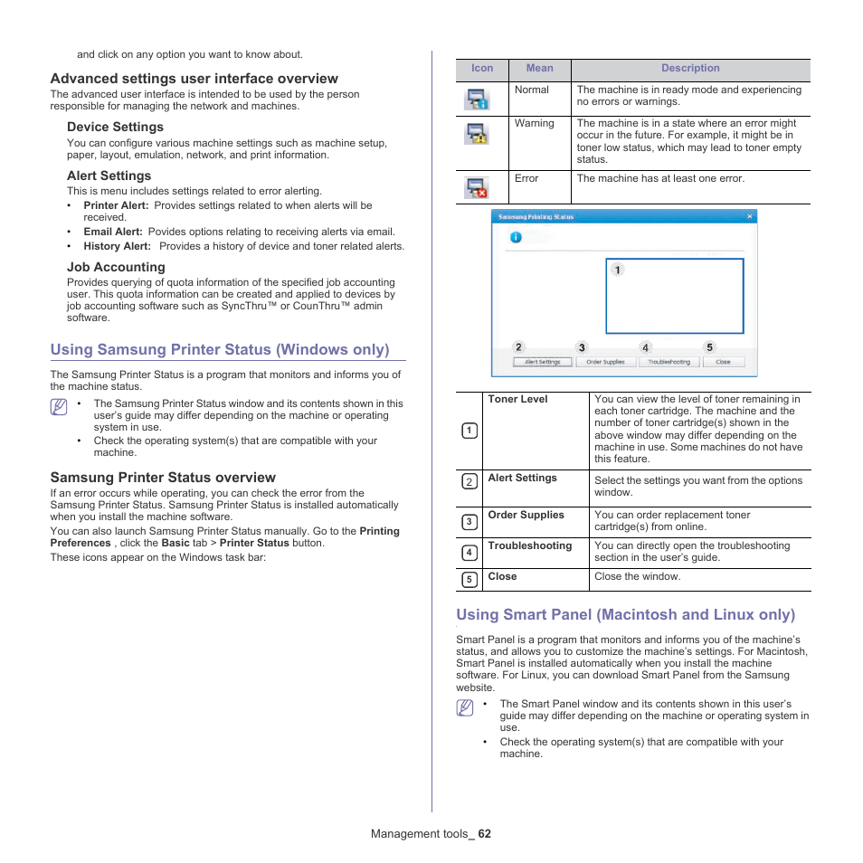 Using samsung printer status (windows only), Using smart panel (macintosh and linux only), Er, see "using smart panel | See "using smart panel, Advanced settings user interface overview, Samsung printer status overview | Samsung CLP-775 SERIES User Manual | Page 62 / 101