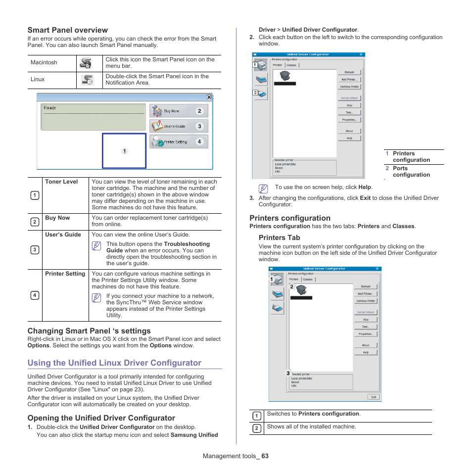 Using the unified linux driver configurator, Smart panel overview, Changing smart panel ‘s settings | Opening the unified driver configurator, Printers configuration, Printers tab | Samsung CLP-775 SERIES User Manual | Page 63 / 101