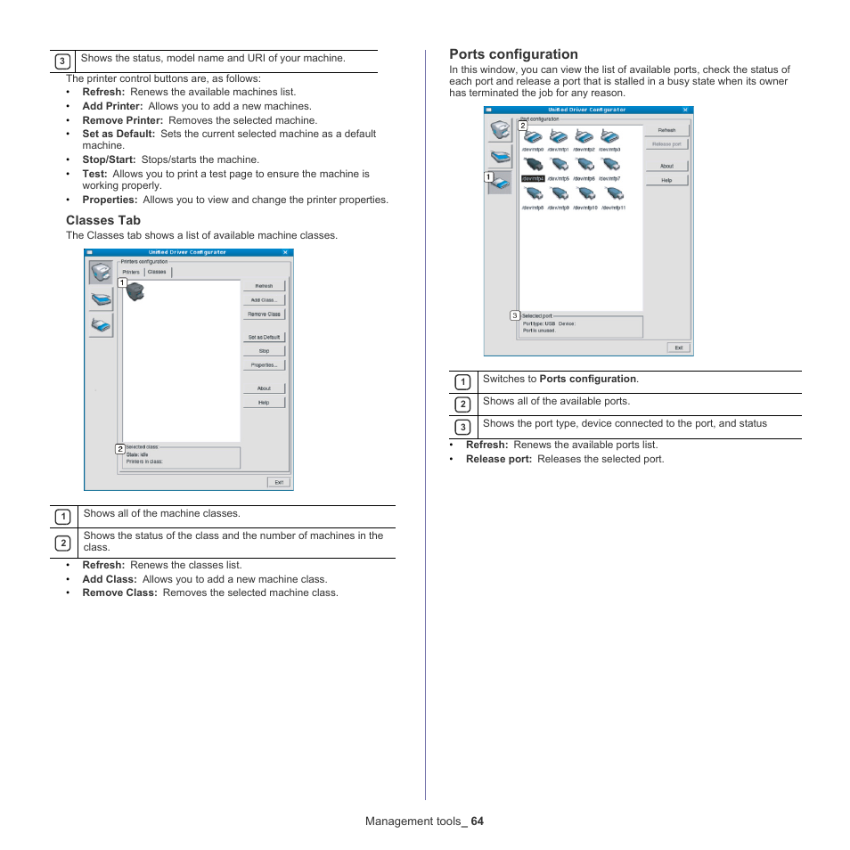 Ports configuration, Classes tab | Samsung CLP-775 SERIES User Manual | Page 64 / 101