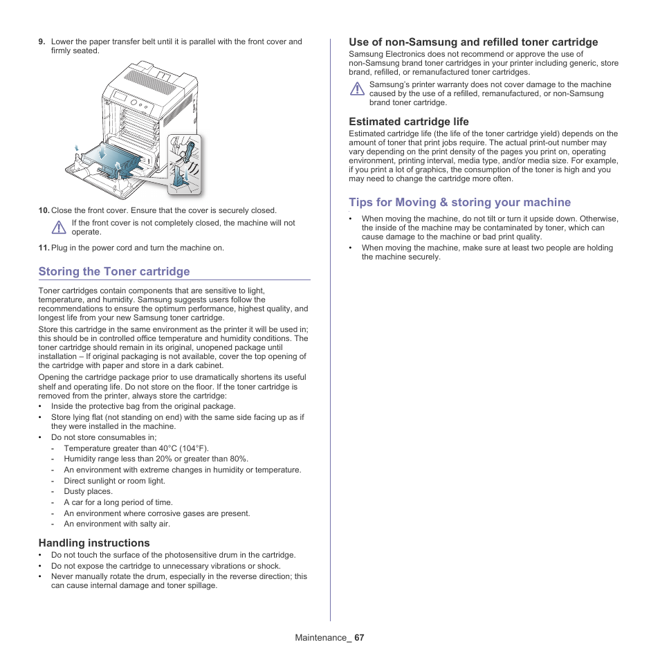 Storing the toner cartridge, Tips for moving & storing your machine, Handling instructions | Use of non-samsung and refilled toner cartridge, Estimated cartridge life | Samsung CLP-775 SERIES User Manual | Page 67 / 101