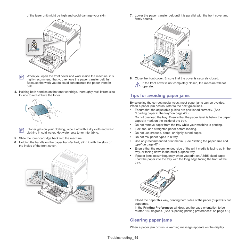 Tips for avoiding paper jams, Clearing paper jams, See "clearing | Samsung CLP-775 SERIES User Manual | Page 69 / 101