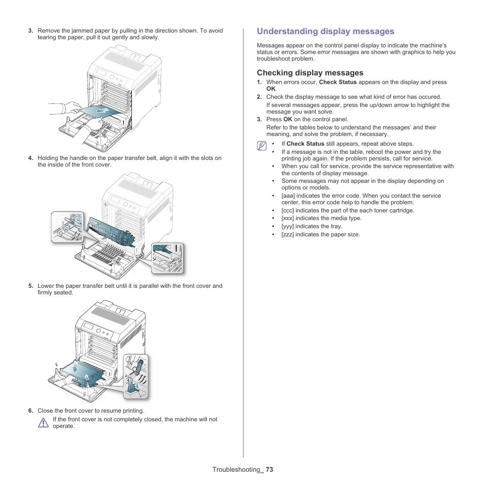 Understanding display messages, Understanding display, Understanding display messages" on | Checking display messages | Samsung CLP-775 SERIES User Manual | Page 73 / 101