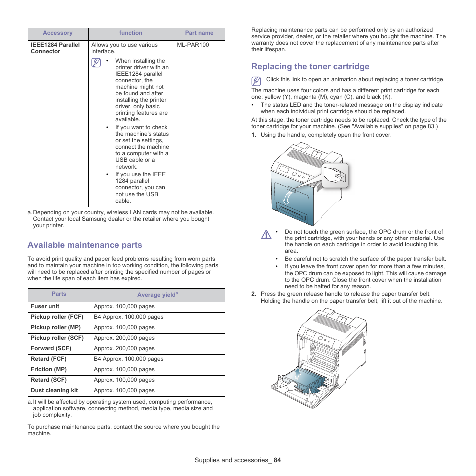 Available maintenance parts, Replacing the toner cartridge, Replacing | Replacing the toner, See "replacing the toner cartridge, Replacing the toner cartridge" on | Samsung CLP-775 SERIES User Manual | Page 84 / 101