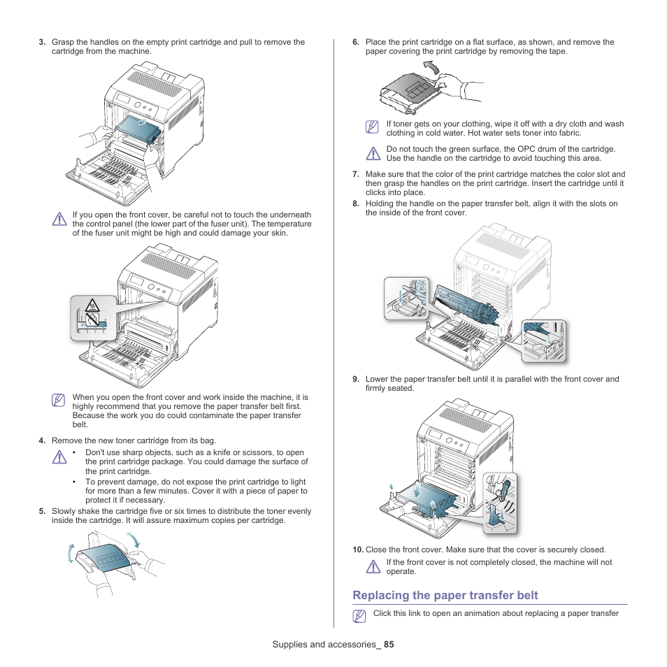Replacing the paper transfer belt, Replacing the paper, Transfer belt" on | Samsung CLP-775 SERIES User Manual | Page 85 / 101