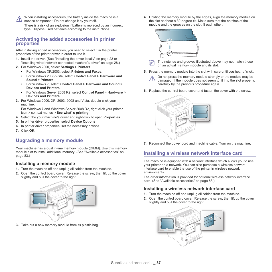 Upgrading a memory module, Installing a wireless network interface card, Memory. (see "installing | A memory module" on | Samsung CLP-775 SERIES User Manual | Page 87 / 101