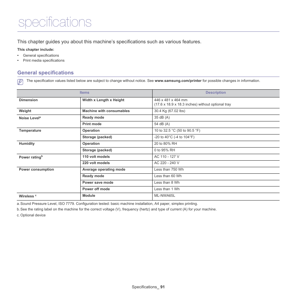 Specifications, General specifications, General specifications" on | See "general | Samsung CLP-775 SERIES User Manual | Page 91 / 101
