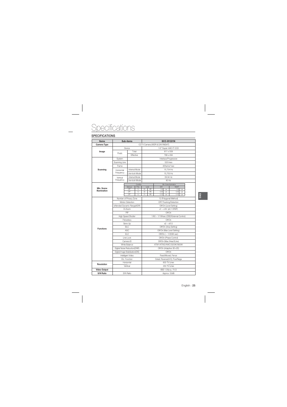 Speciﬁ cations | Samsung SCC-B1331 User Manual | Page 25 / 29