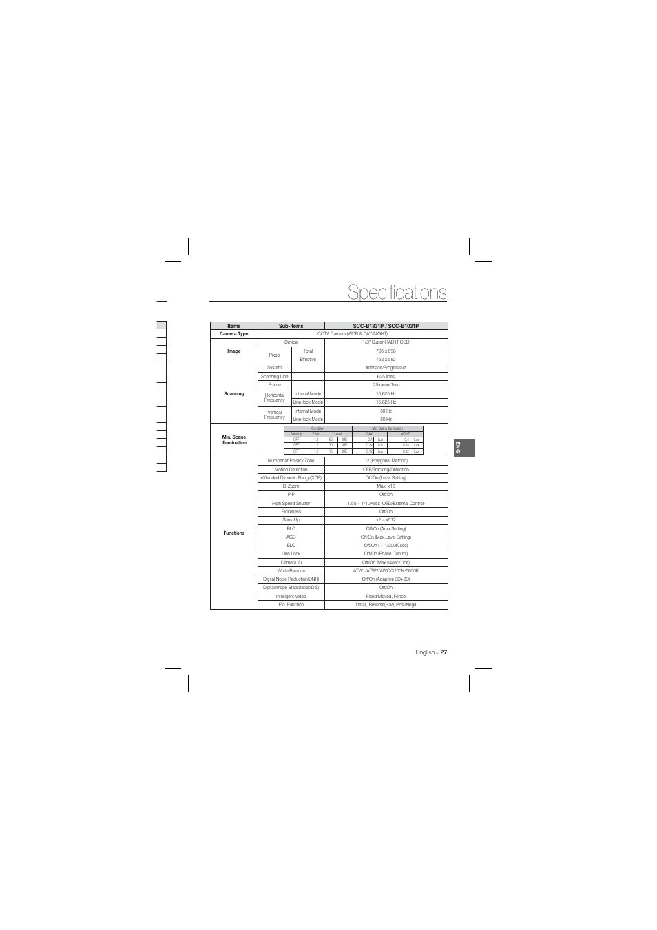 Speciﬁ cations | Samsung SCC-B1331 User Manual | Page 27 / 29