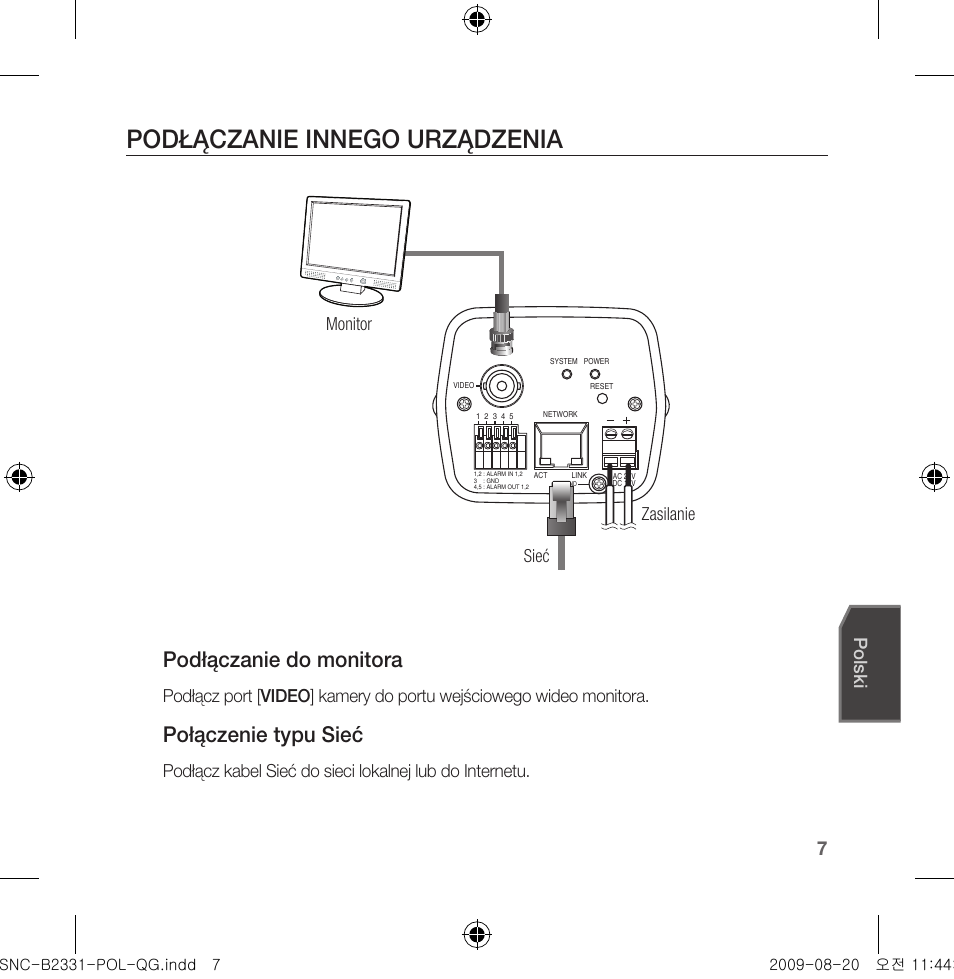 Podłączanie innego urządzenia, Podłączanie do monitora, Połączenie typu sieć | Polski, Monitor ethernet zasilanie, Monitor sieć zasilanie | Samsung SNC-B2331-FRA-QG User Manual | Page 105 / 126