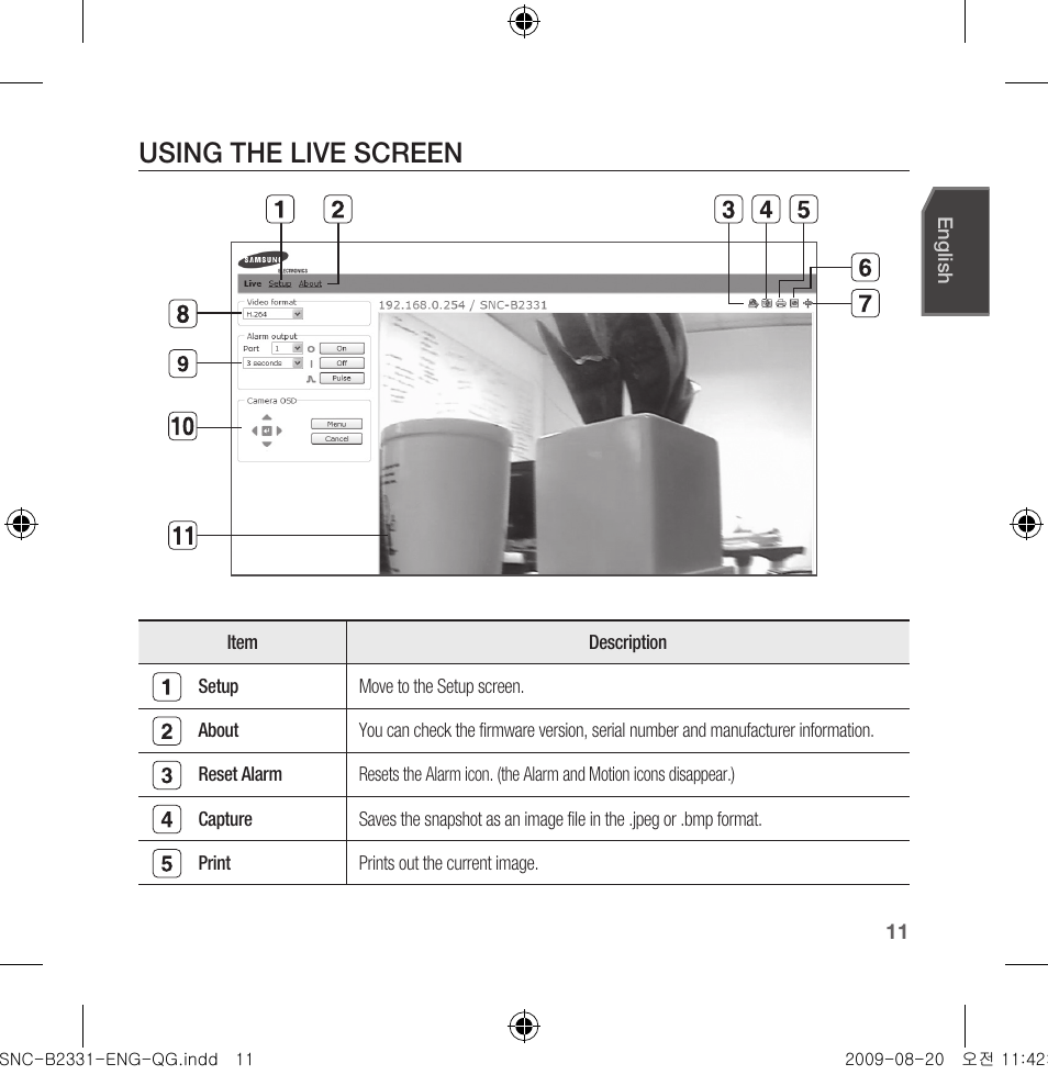 Using the live screen | Samsung SNC-B2331-FRA-QG User Manual | Page 11 / 126