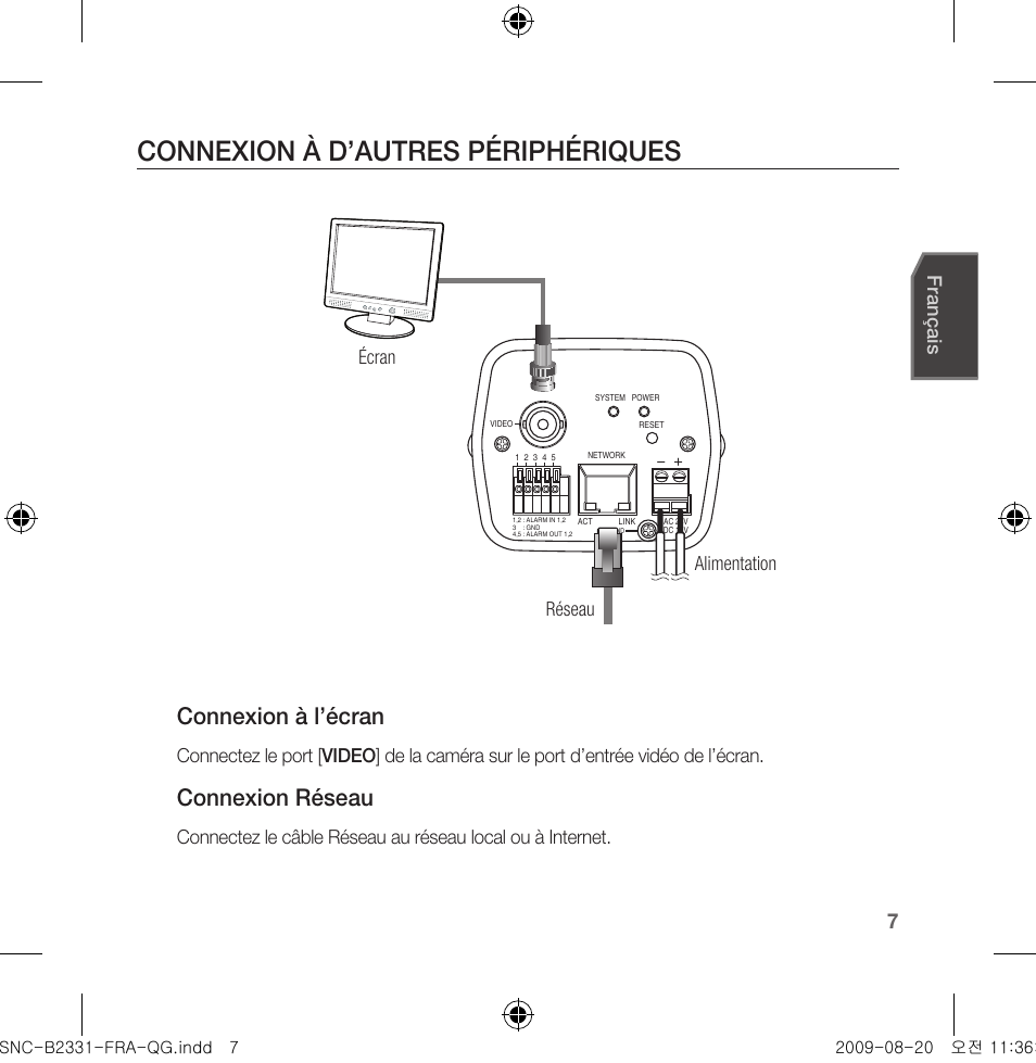 Connexion à d’autres périphériques, Connexion à l’écran, Connexion réseau | Français, Écran réseau alimentation | Samsung SNC-B2331-FRA-QG User Manual | Page 21 / 126
