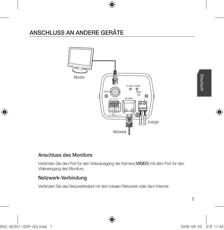 Anschluss an andere geräte, Anschluss des monitors, Netzwerk-verbindung | Deutsch, Monitor netzwerk energie | Samsung SNC-B2331-FRA-QG User Manual | Page 35 / 126
