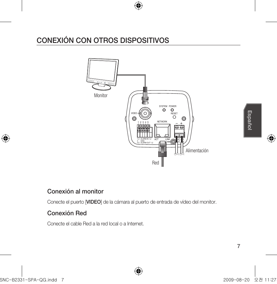Conexión con otros dispositivos, Conexión al monitor, Conexión red | Español, Conecte el cable red a la red local o a internet, Monitor red alimentación | Samsung SNC-B2331-FRA-QG User Manual | Page 49 / 126