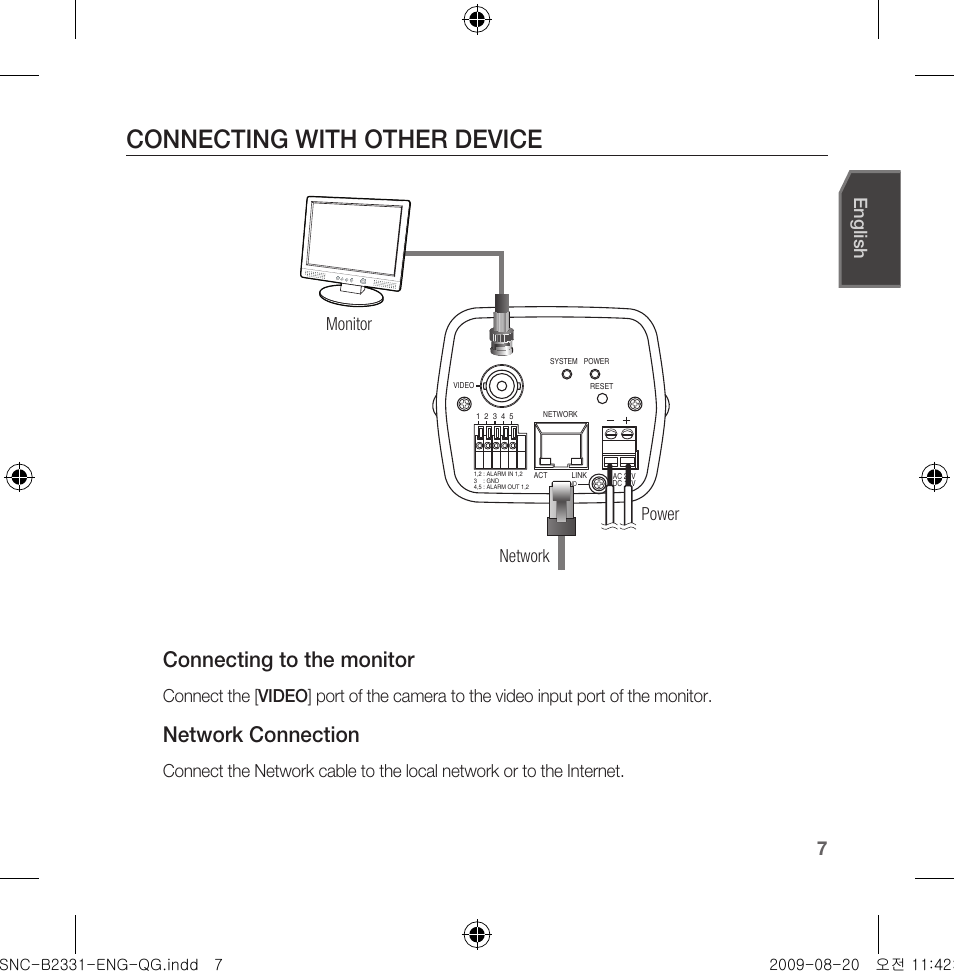 Connecting with other device, Connecting to the monitor, Network connection | English | Samsung SNC-B2331-FRA-QG User Manual | Page 7 / 126