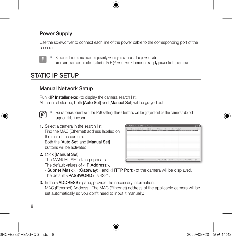 Static ip setup | Samsung SNC-B2331-FRA-QG User Manual | Page 8 / 126