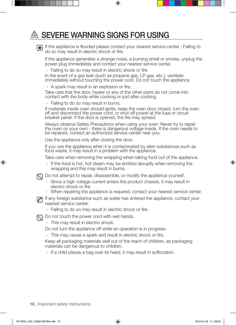 Severe warning signs for using | Samsung FE-R300SX User Manual | Page 10 / 44