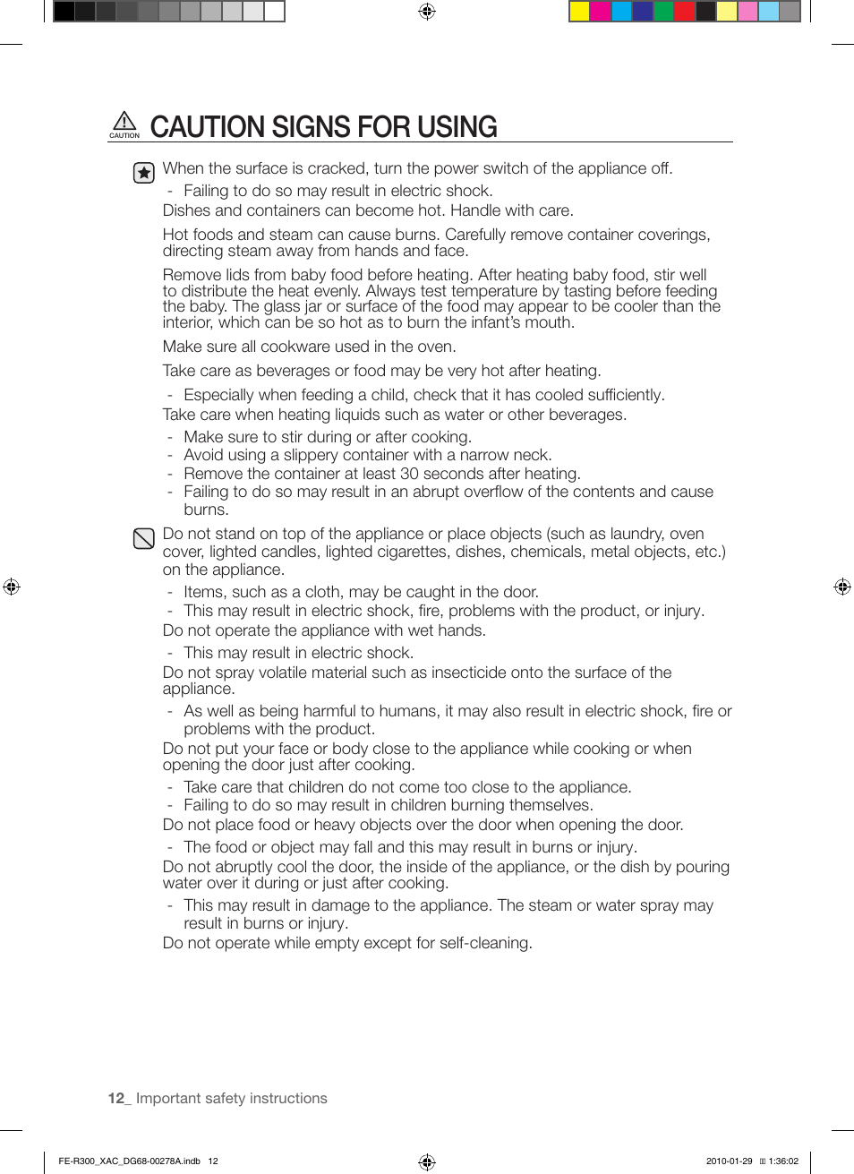 Caution signs for using | Samsung FE-R300SX User Manual | Page 12 / 44