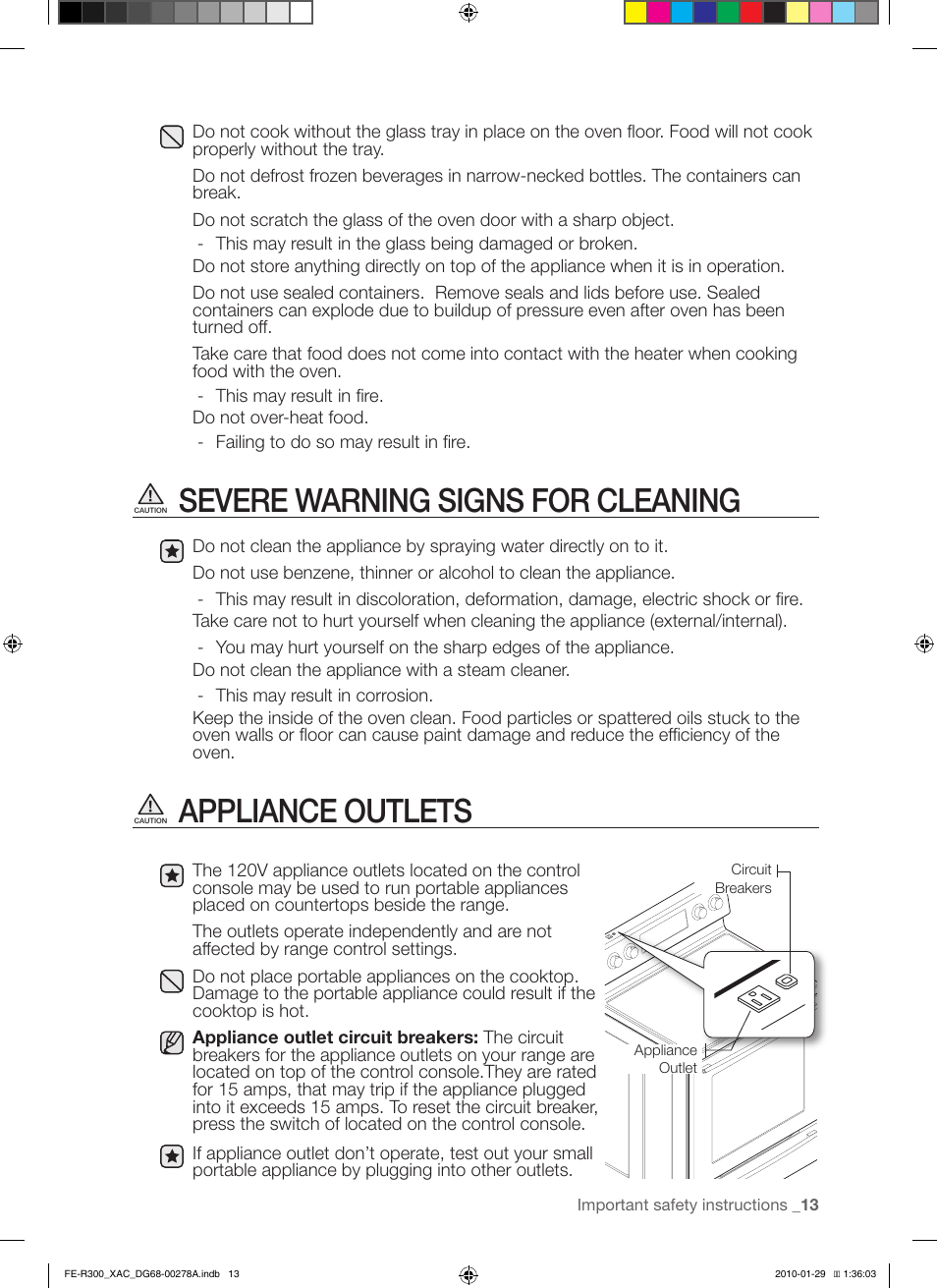 Severe warning signs for cleaning, Appliance outlets | Samsung FE-R300SX User Manual | Page 13 / 44