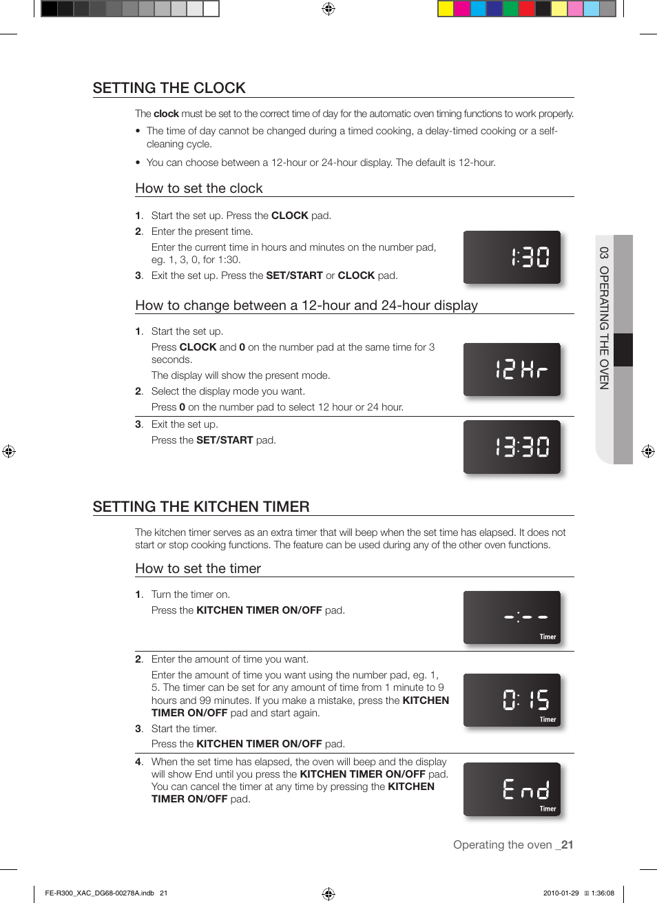Setting the clock, Setting the kitchen timer, How to set the clock | How to set the timer | Samsung FE-R300SX User Manual | Page 21 / 44