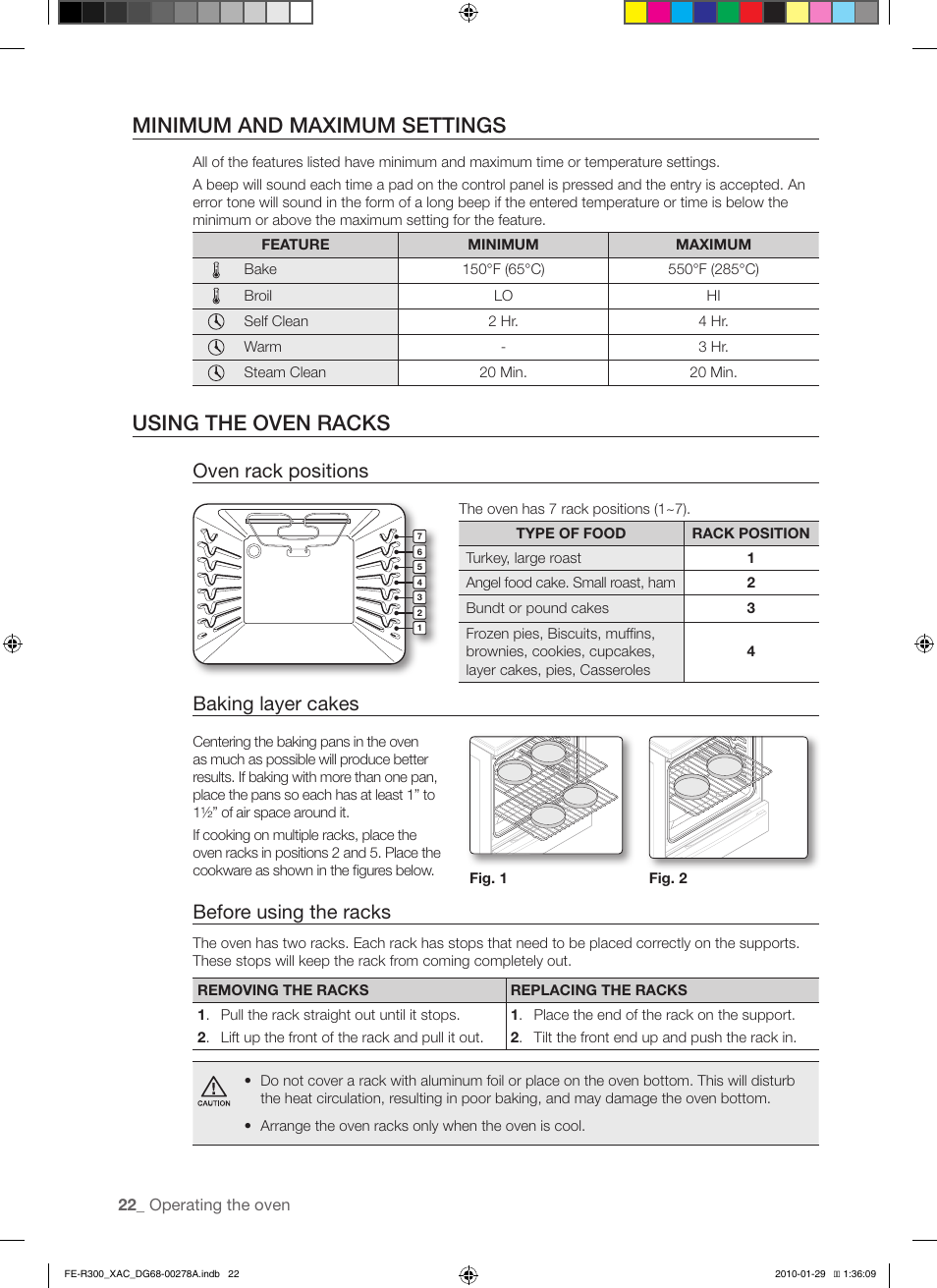 Minimum and maximum settings, Using the oven racks, Oven rack positions | Baking layer cakes, Before using the racks | Samsung FE-R300SX User Manual | Page 22 / 44
