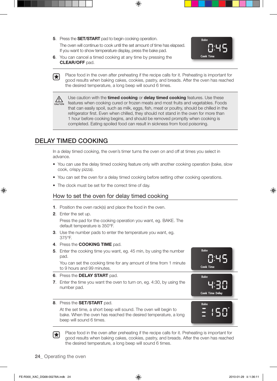 Delay timed cooking, How to set the oven for delay timed cooking | Samsung FE-R300SX User Manual | Page 24 / 44