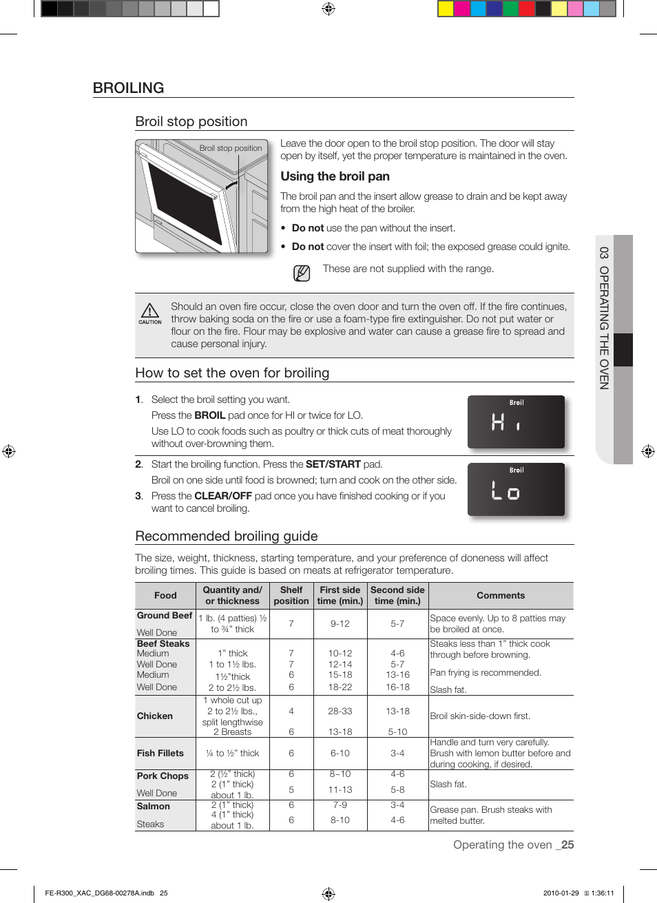 Broiling, Broil stop position, How to set the oven for broiling | Recommended broiling guide, Using the broil pan | Samsung FE-R300SX User Manual | Page 25 / 44