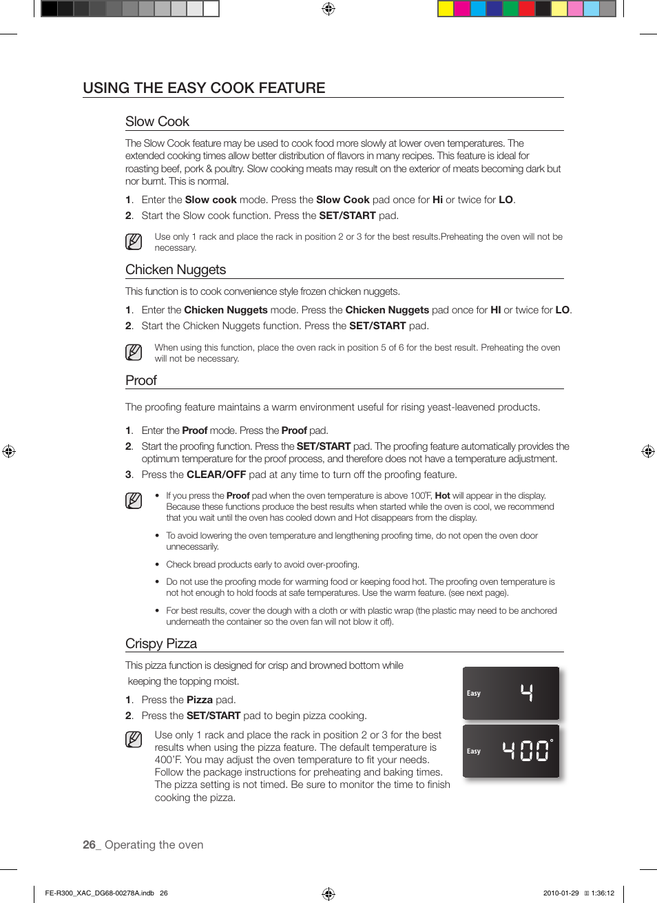 Using the easy cook feature, Slow cook, Chicken nuggets | Proof, Crispy pizza | Samsung FE-R300SX User Manual | Page 26 / 44