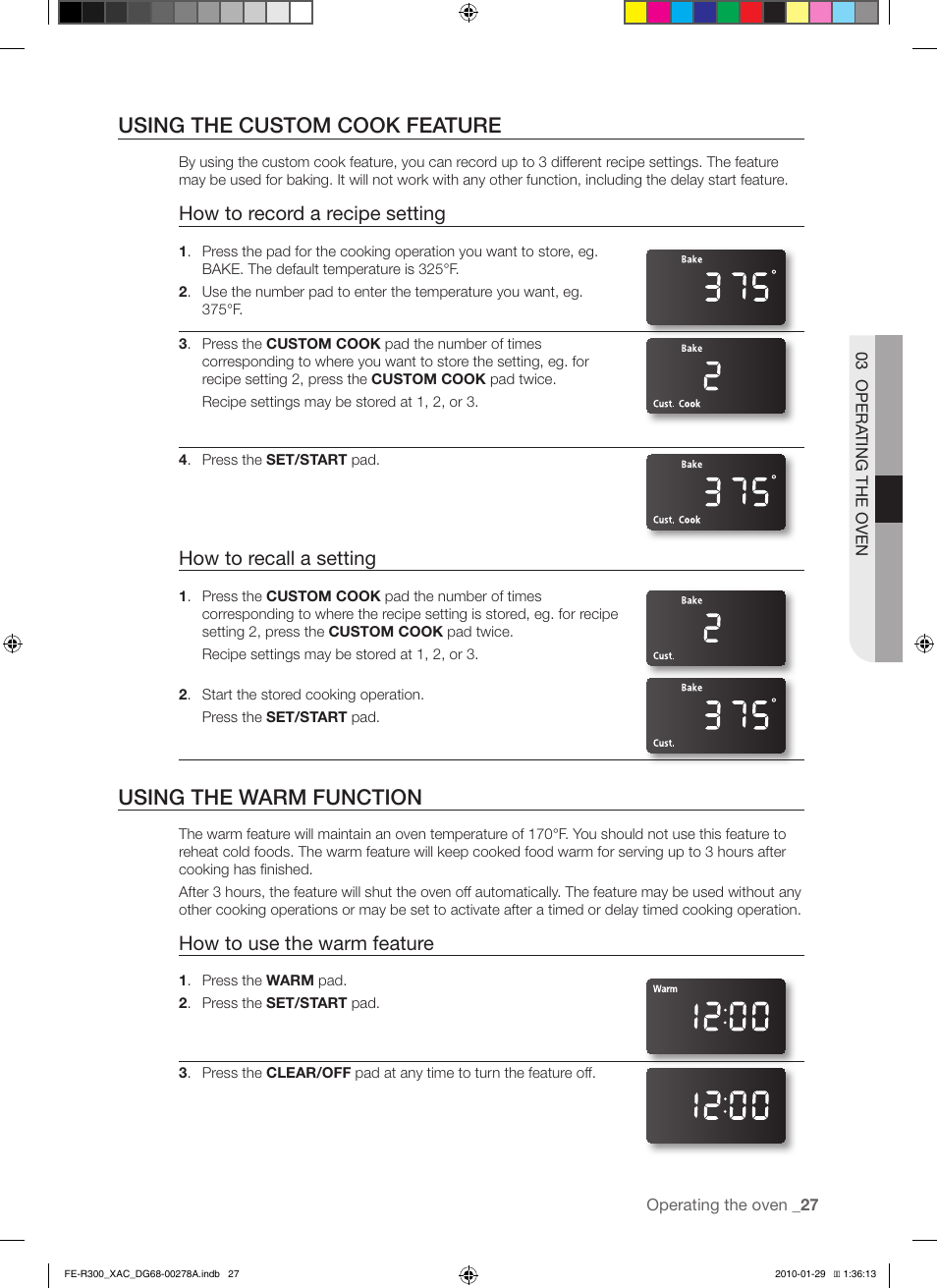 Using the custom cook feature, Using the warm function, How to record a recipe setting | How to recall a setting, How to use the warm feature | Samsung FE-R300SX User Manual | Page 27 / 44