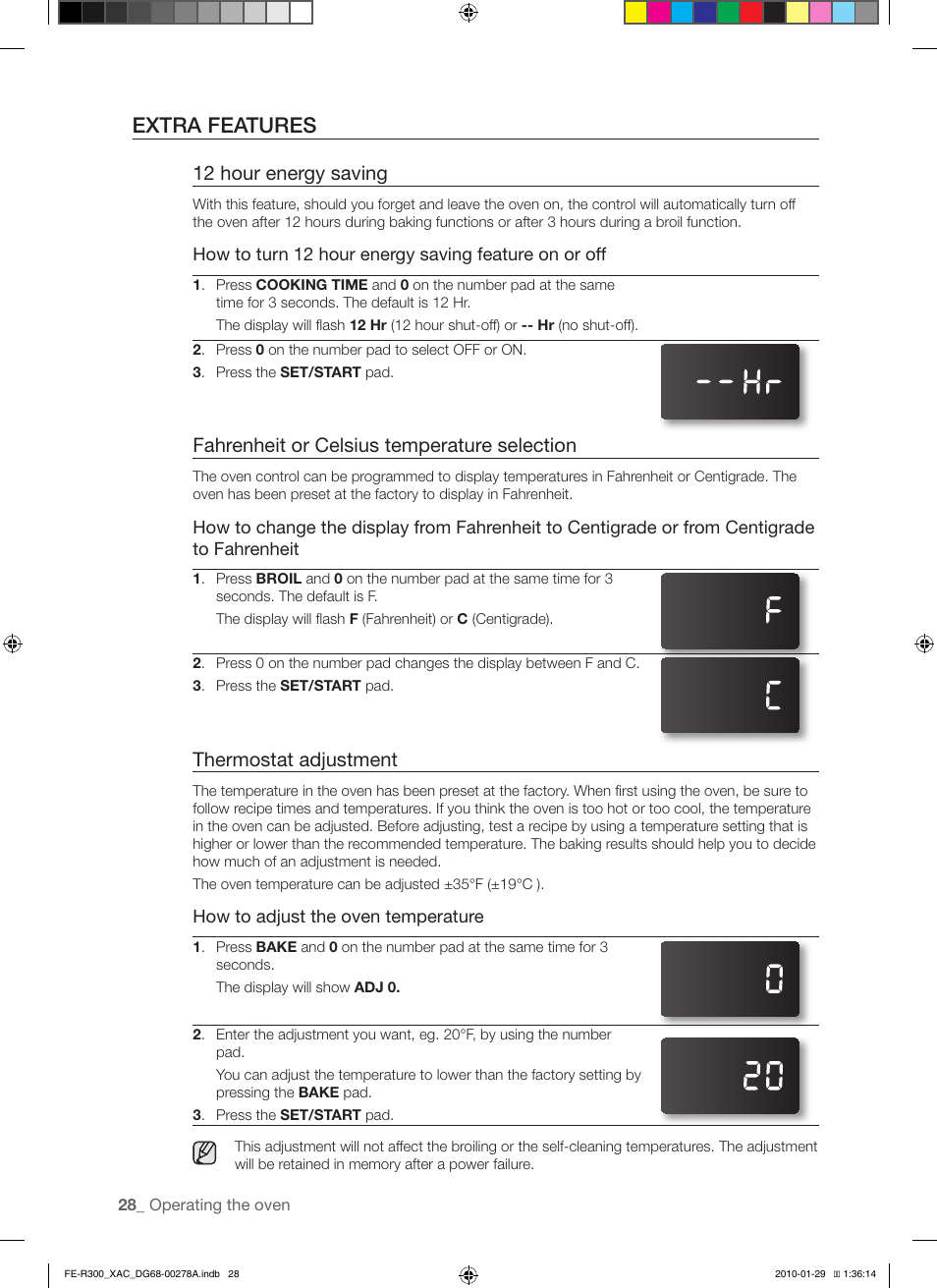 Extra features, 12 hour energy saving, Fahrenheit or celsius temperature selection | Thermostat adjustment | Samsung FE-R300SX User Manual | Page 28 / 44