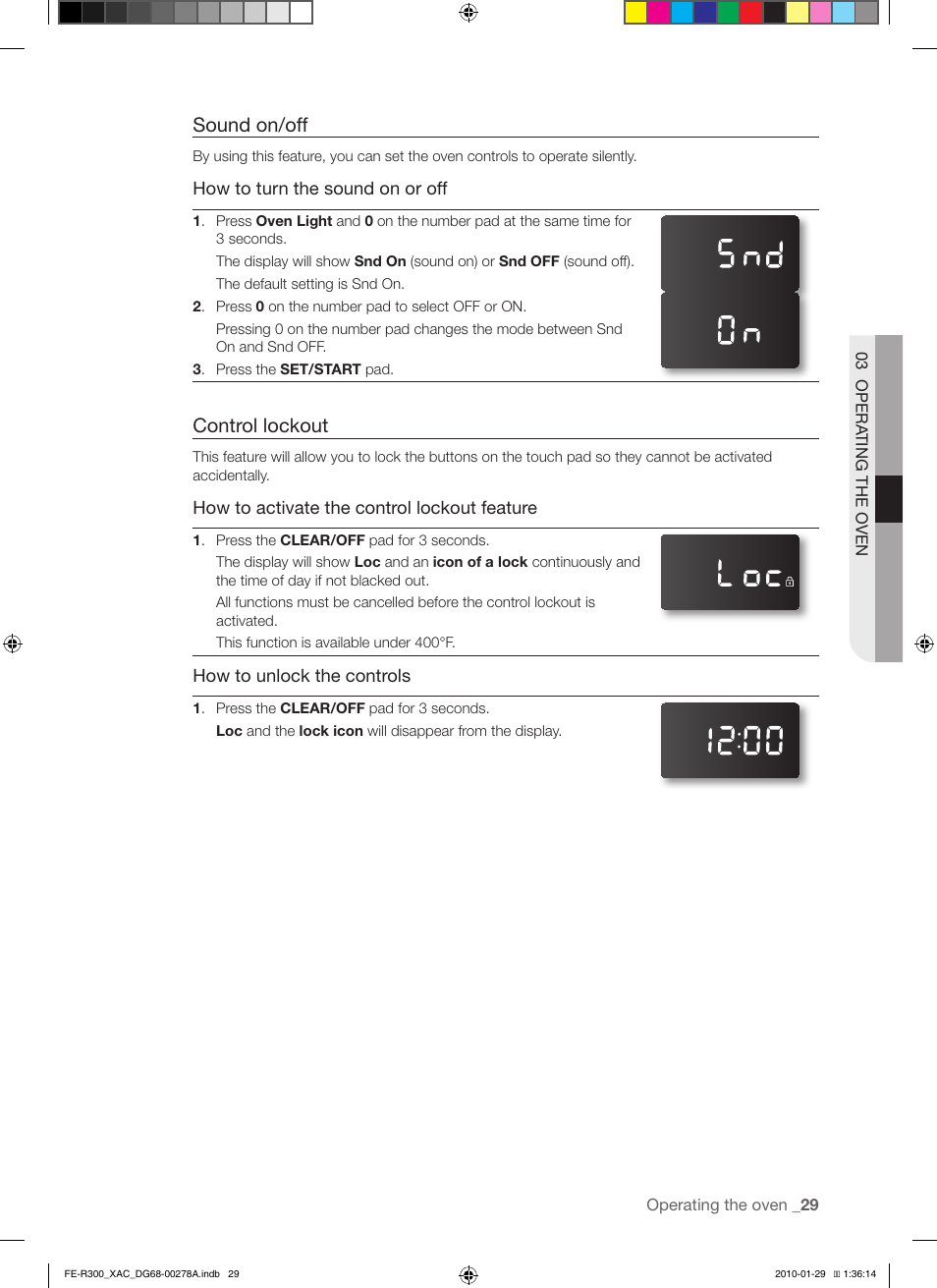 Sound on/off, Control lockout | Samsung FE-R300SX User Manual | Page 29 / 44