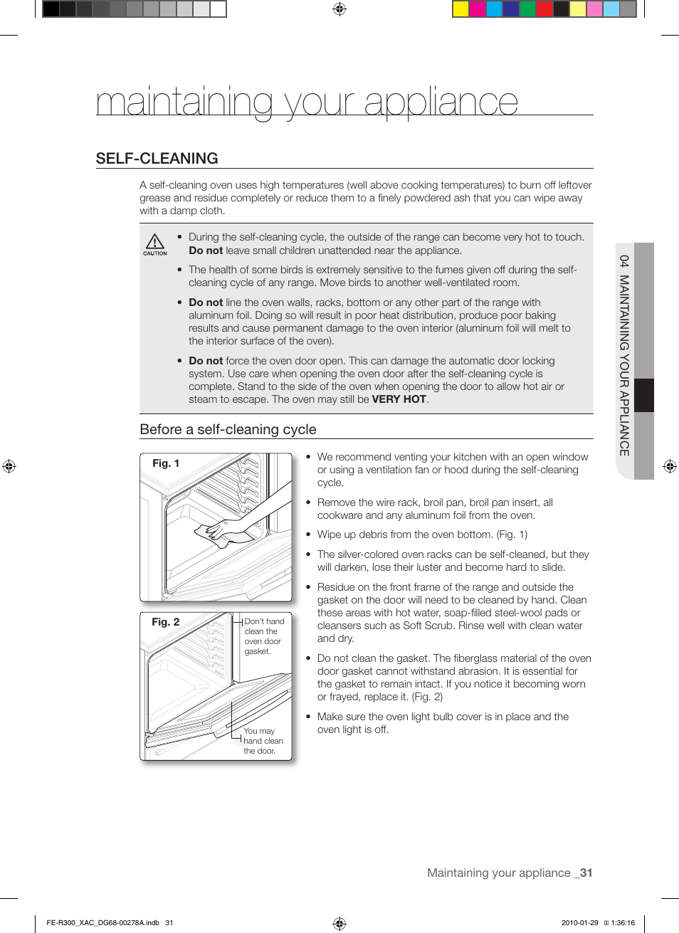 Maintaining your appliance, Self-cleaning, Before a self-cleaning cycle | Samsung FE-R300SX User Manual | Page 31 / 44