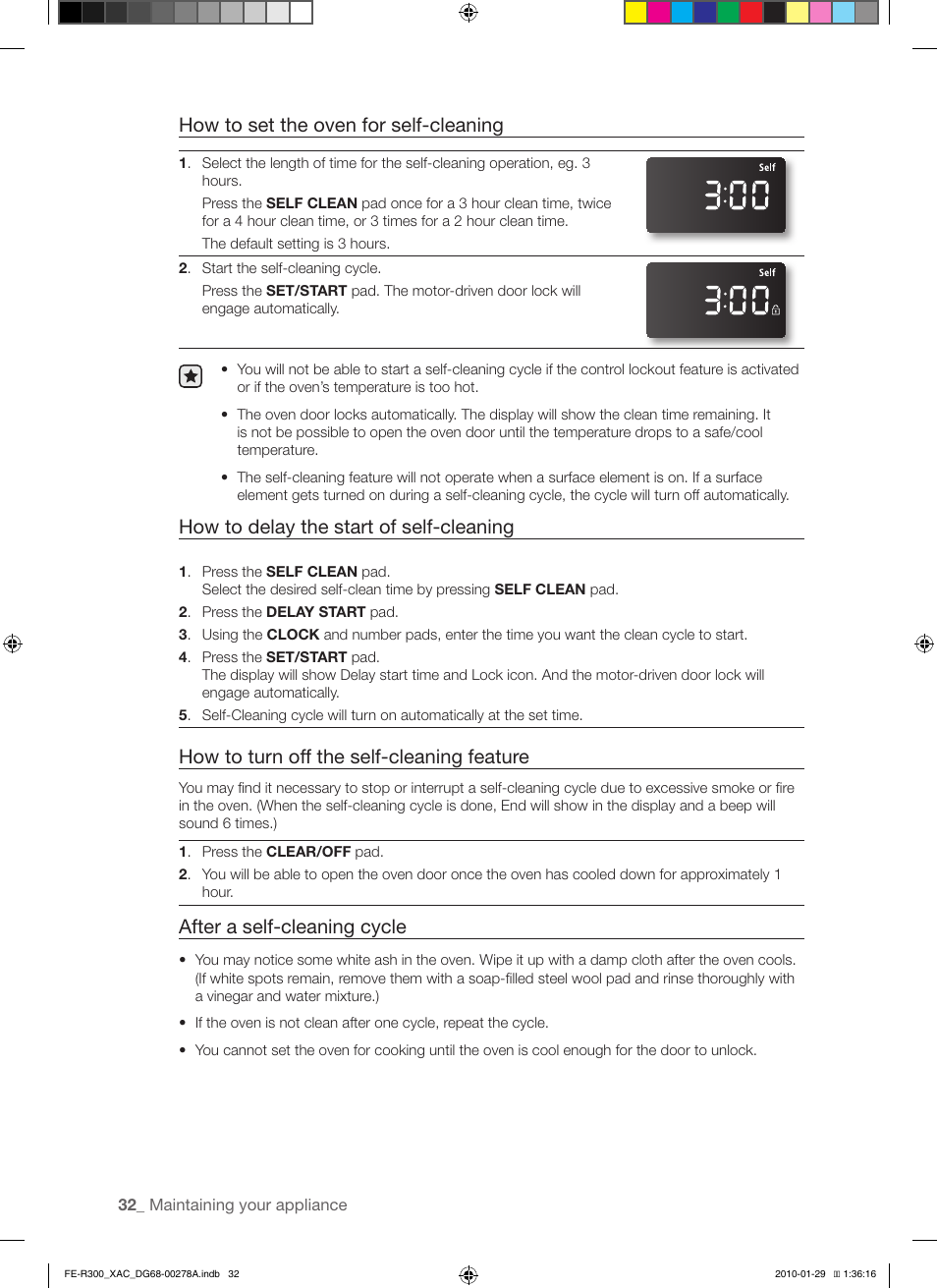 How to set the oven for self-cleaning, How to delay the start of self-cleaning, How to turn off the self-cleaning feature | After a self-cleaning cycle | Samsung FE-R300SX User Manual | Page 32 / 44