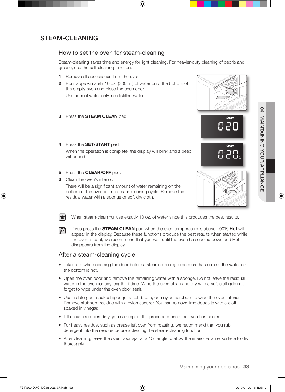 Steam-cleaning, How to set the oven for steam-cleaning, After a steam-cleaning cycle | Samsung FE-R300SX User Manual | Page 33 / 44