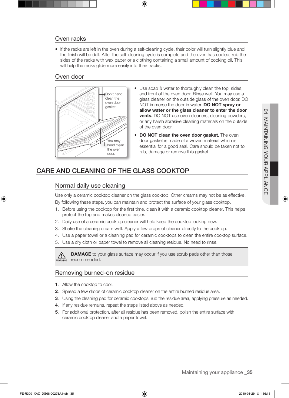 Care and cleaning of the glass cooktop, Oven racks, Oven door | Normal daily use cleaning, Removing burned-on residue | Samsung FE-R300SX User Manual | Page 35 / 44