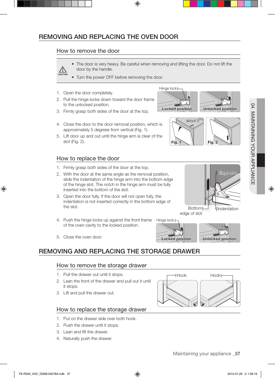 Removing and replacing the oven door, Removing and replacing the storage drawer, How to remove the door | How to replace the door, How to remove the storage drawer, How to replace the storage drawer | Samsung FE-R300SX User Manual | Page 37 / 44