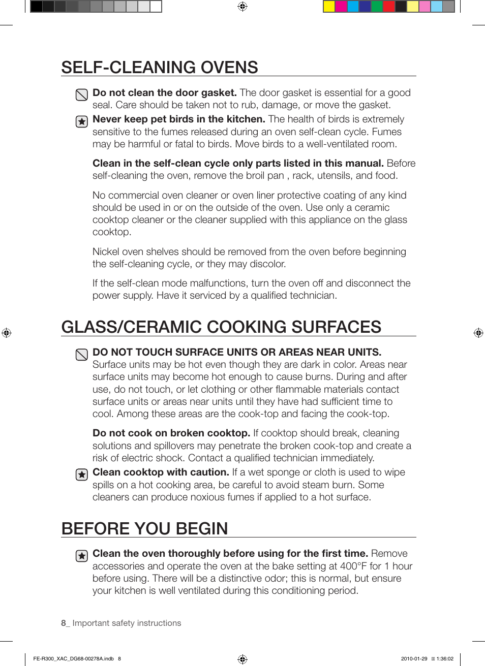 Self-cleaning ovens, Glass/ceramic cooking surfaces, Before you begin | Samsung FE-R300SX User Manual | Page 8 / 44