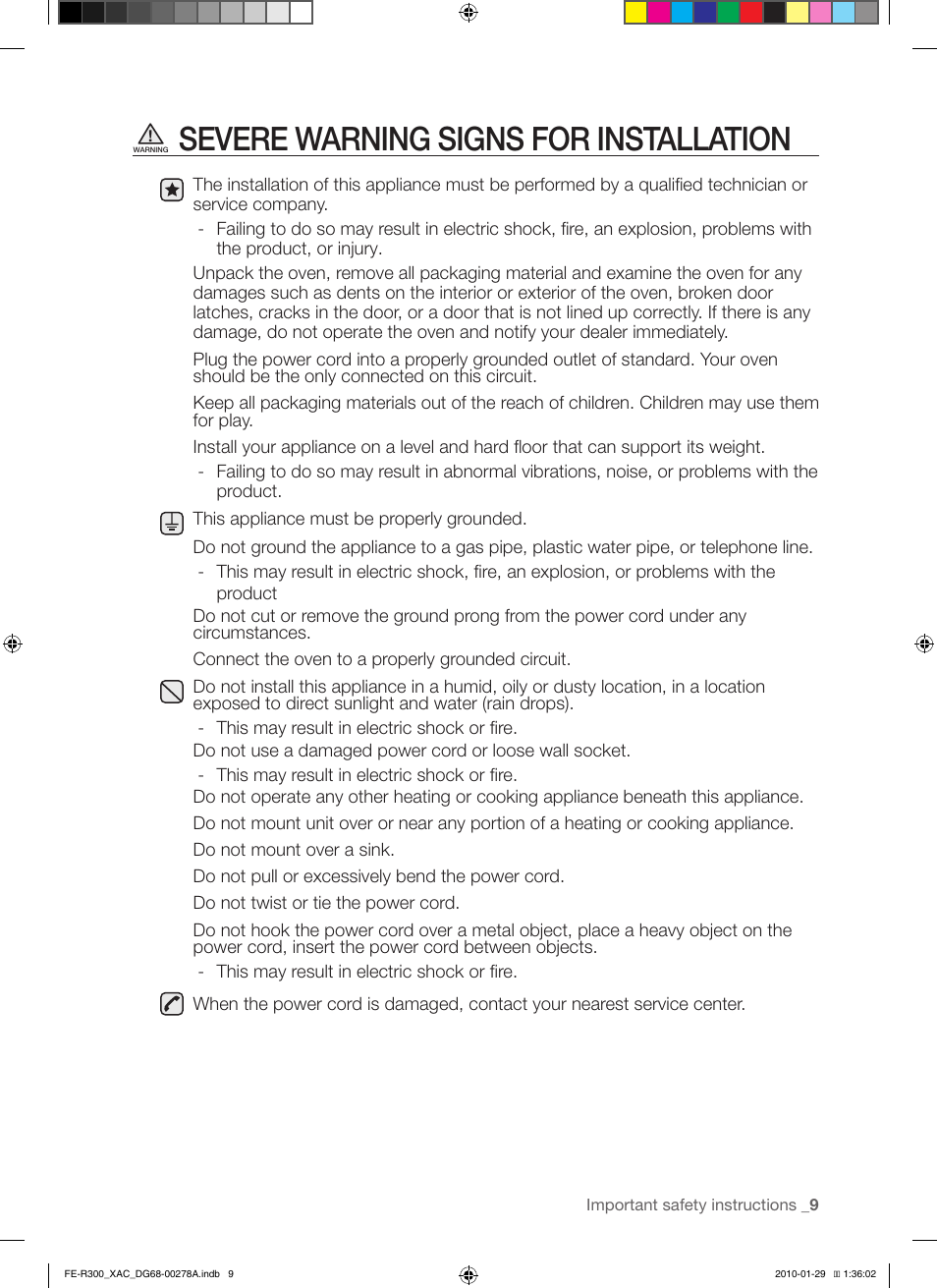 Severe warning signs for installation | Samsung FE-R300SX User Manual | Page 9 / 44